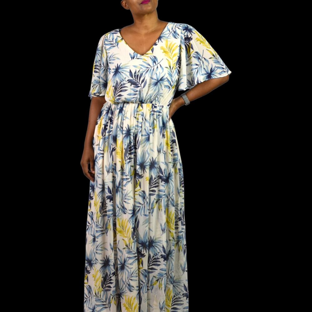 Gal Meets Glam Kiki Maxi Dress Blue Floral Palm Leaf Flutter Sleeve Chiffon 8